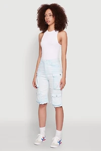 Womens Daisy Acid Wash Raw Hem Utility Bermuda Shorts,