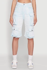 Womens Daisy Acid Wash Raw Hem Utility Bermuda Shorts,