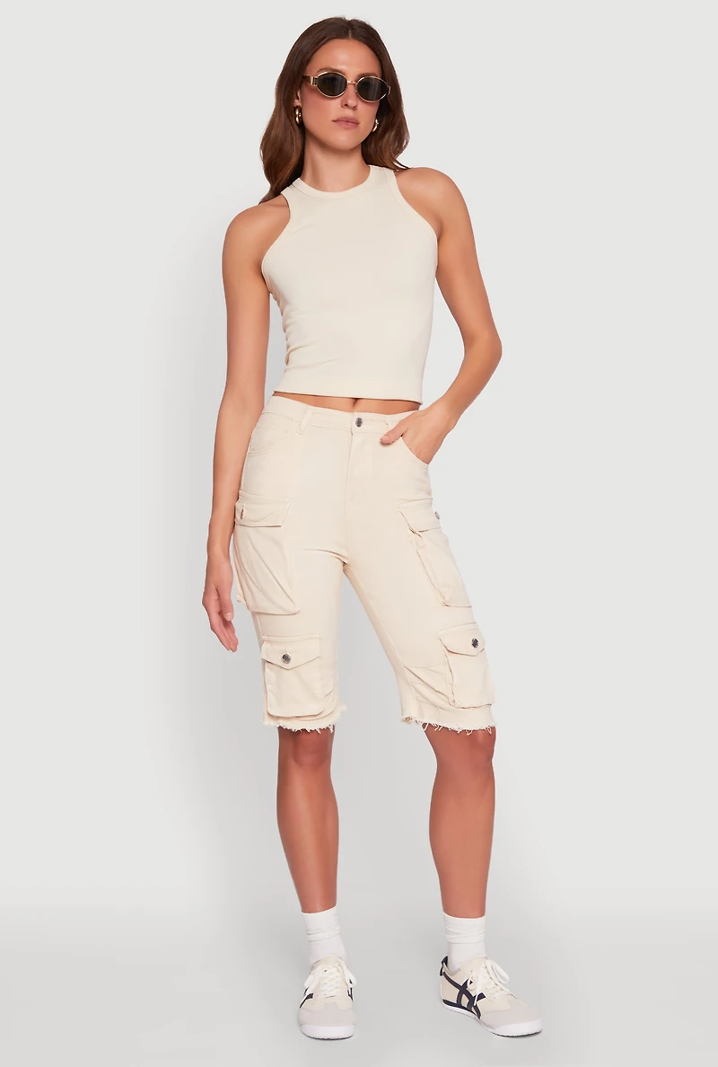 Womens Daisy Acid Wash Raw Hem Utility Bermuda Shorts, Khaki, Size M