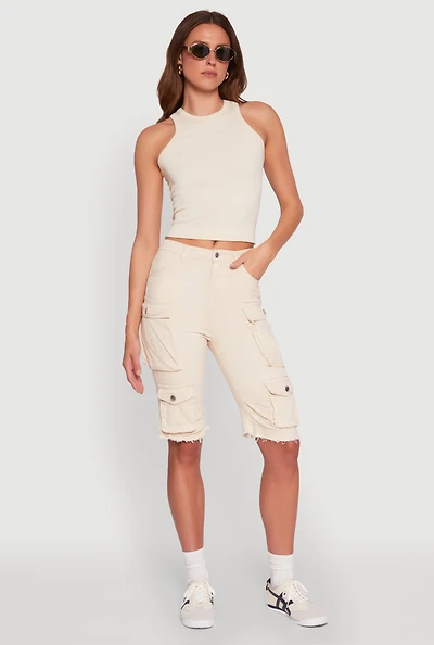 Womens Daisy Acid Wash Raw Hem Utility Bermuda Shorts, Khaki, Size M