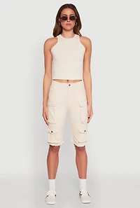 Womens Daisy Acid Wash Raw Hem Utility Bermuda Shorts, Khaki, Size M
