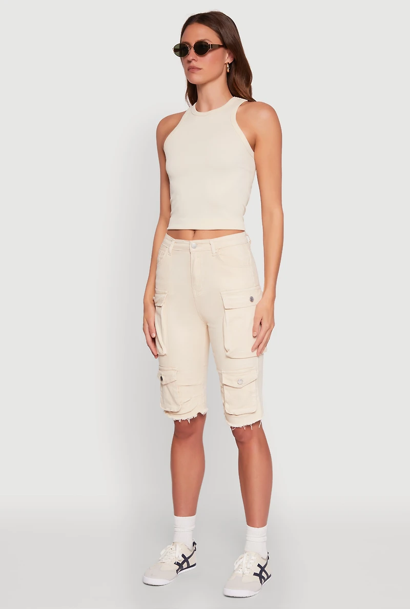 Womens Daisy Acid Wash Raw Hem Utility Bermuda Shorts, Khaki, Size M