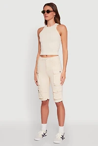 Womens Daisy Acid Wash Raw Hem Utility Bermuda Shorts, Khaki, Size M
