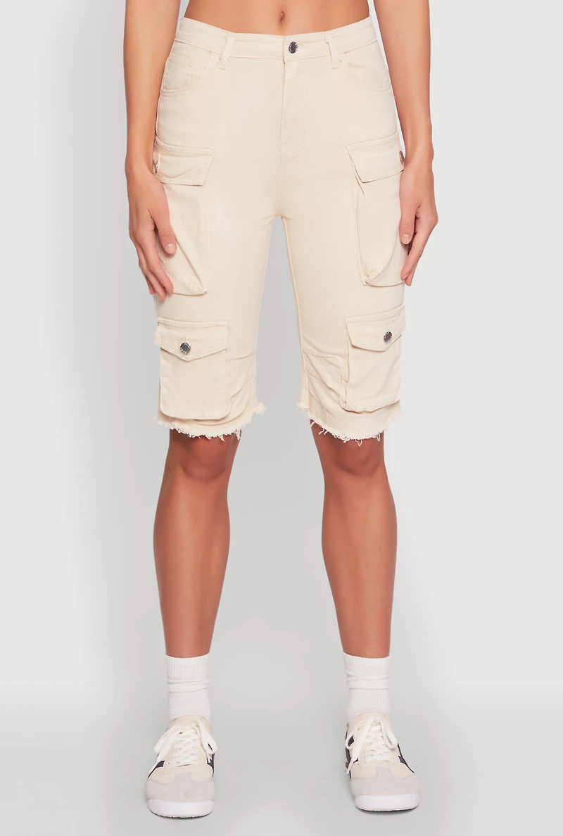 Womens Daisy Acid Wash Raw Hem Utility Bermuda Shorts, Khaki, Size M