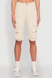 Womens Daisy Acid Wash Raw Hem Utility Bermuda Shorts, Khaki, Size M