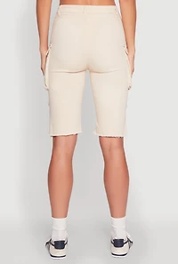 Womens Daisy Acid Wash Raw Hem Utility Bermuda Shorts, Khaki, Size M