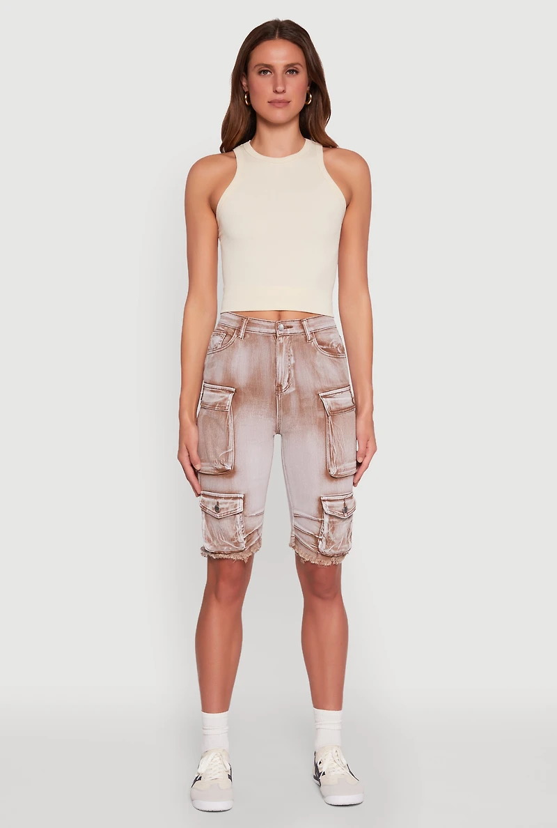 Womens Daisy Acid Wash Raw Hem Utility Bermuda Shorts,