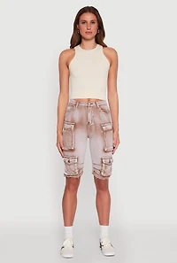 Womens Daisy Acid Wash Raw Hem Utility Bermuda Shorts, S