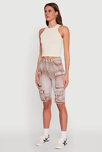 Womens Daisy Acid Wash Raw Hem Utility Bermuda Shorts,