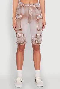 Womens Daisy Acid Wash Raw Hem Utility Bermuda Shorts,