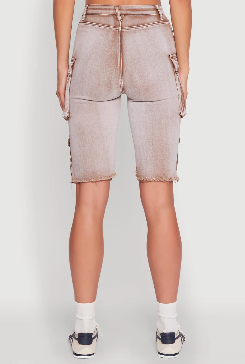 Womens Daisy Acid Wash Raw Hem Utility Bermuda Shorts,