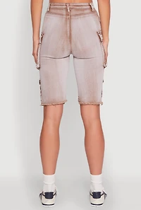 Womens Daisy Acid Wash Raw Hem Utility Bermuda Shorts,