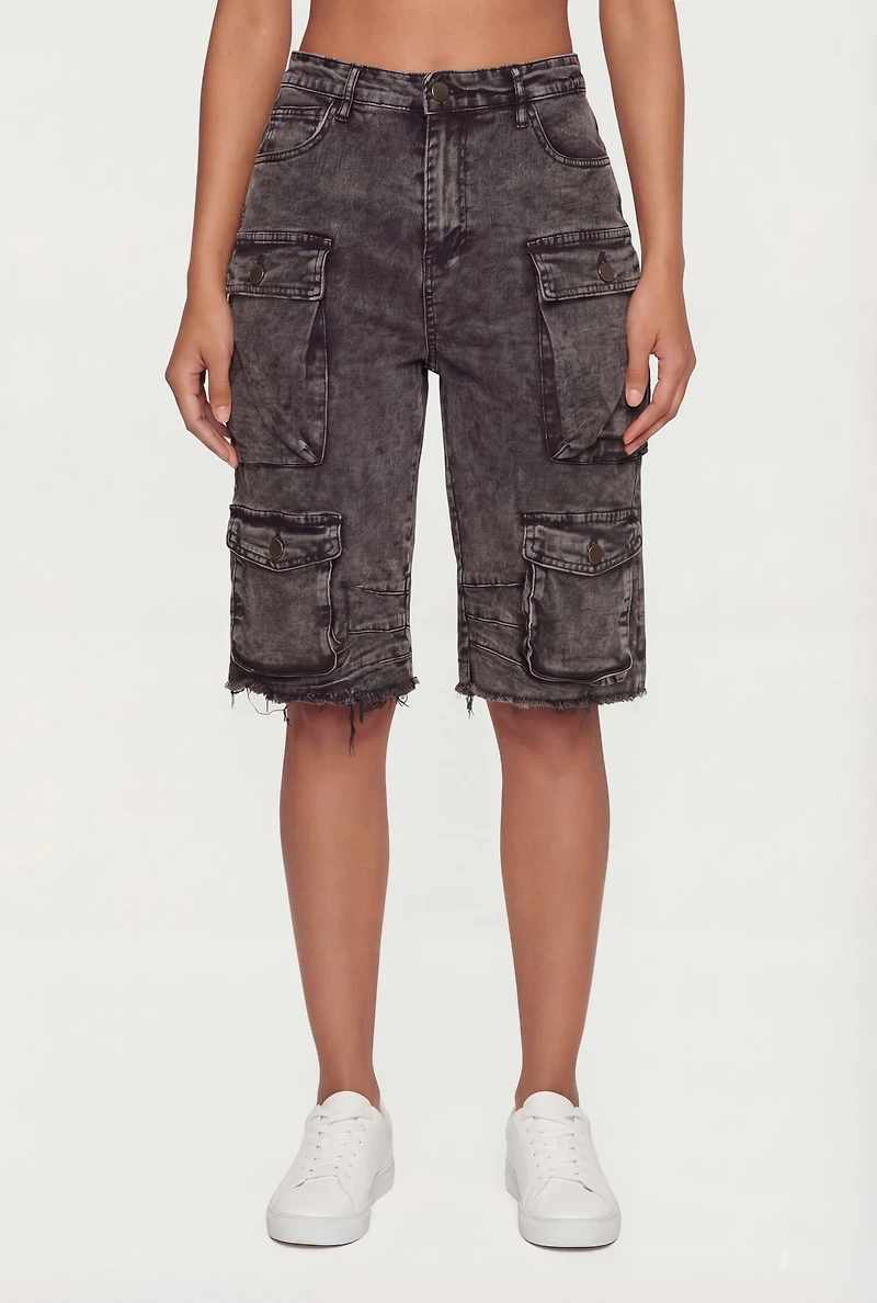 Acid Wash Frayed Hem Cargo Bermuda Shorts