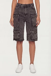 Acid Wash Frayed Hem Cargo Bermuda Shorts