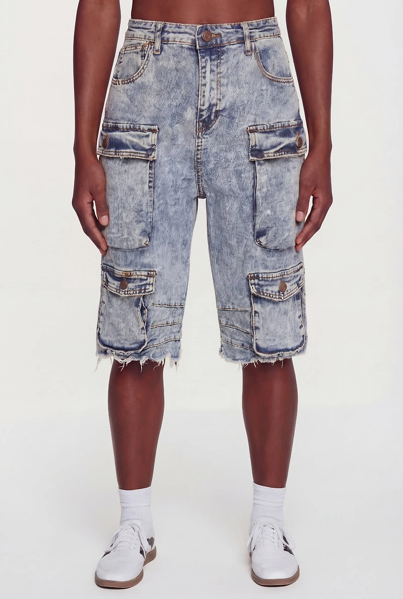 Acid Wash Frayed Hem Cargo Bermuda Shorts
