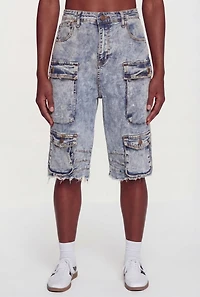 Acid Wash Frayed Hem Cargo Bermuda Shorts