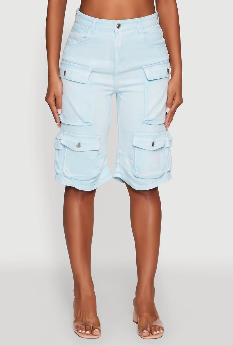 Daisy Trendy Mineral Wash High Waisted Denim Cargo Shorts