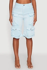 Daisy Trendy Mineral Wash High Waisted Denim Cargo Shorts