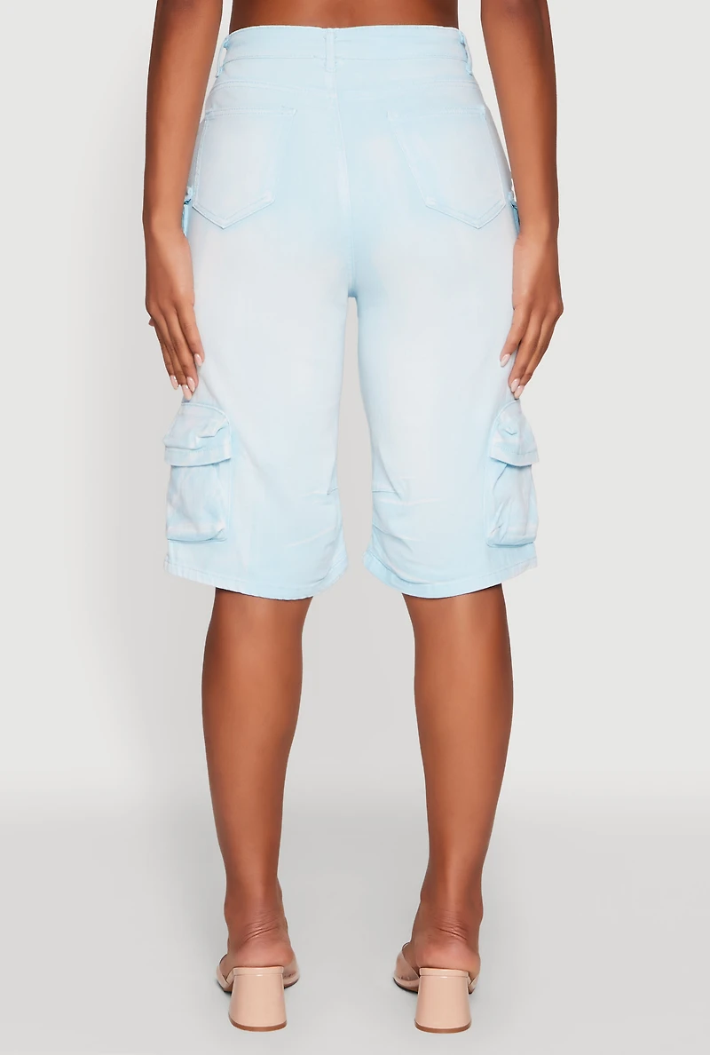 Daisy Trendy Mineral Wash High Waisted Denim Cargo Shorts