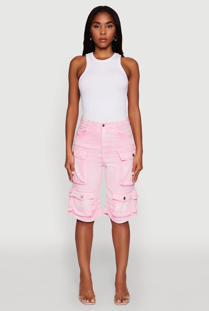 Womens Daisy Trendy Mineral Wash High Waisted Denim Cargo Shorts, Pink, Size M