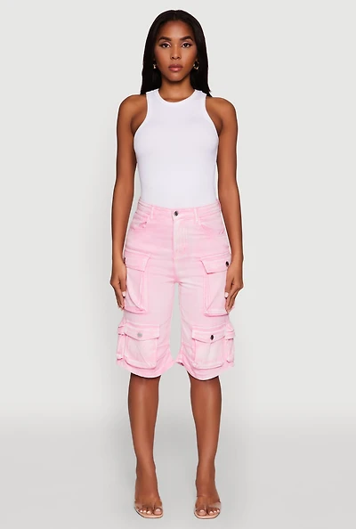Womens Daisy Trendy Mineral Wash High Waisted Denim Cargo Shorts, Pink, Size M