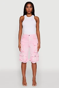 Womens Daisy Trendy Mineral Wash High Waisted Denim Cargo Shorts, Pink, Size M