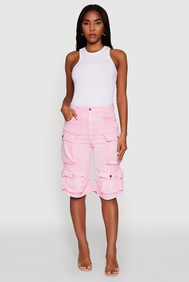 Womens Daisy Trendy Mineral Wash High Waisted Denim Cargo Shorts, Pink, Size M