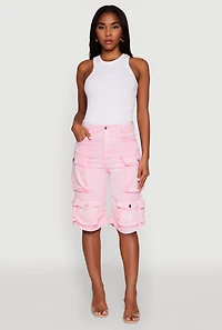 Womens Daisy Trendy Mineral Wash High Waisted Denim Cargo Shorts, Pink, Size M