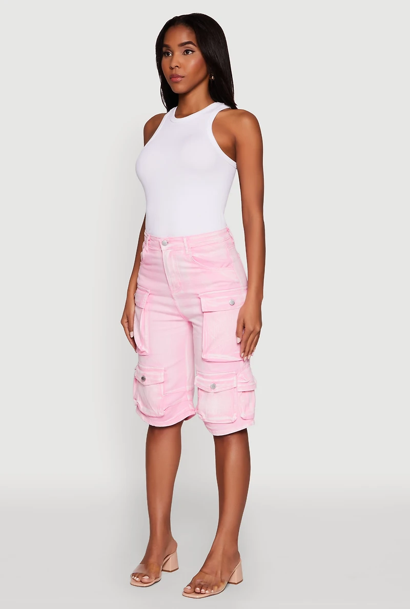Womens Daisy Trendy Mineral Wash High Waisted Denim Cargo Shorts, Pink, Size M