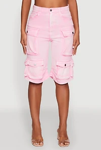 Womens Daisy Trendy Mineral Wash High Waisted Denim Cargo Shorts, Pink, Size M
