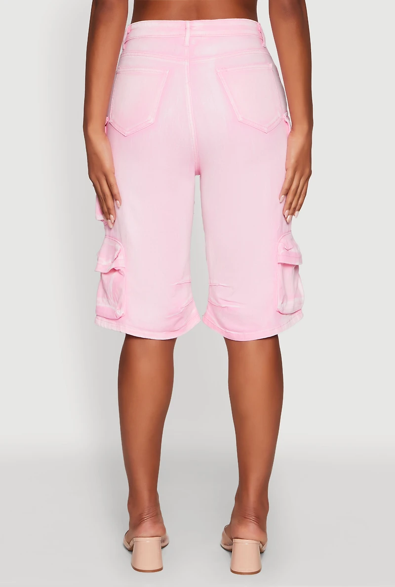 Womens Daisy Trendy Mineral Wash High Waisted Denim Cargo Shorts, Pink, Size M