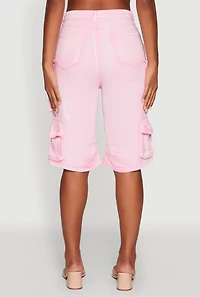 Womens Daisy Trendy Mineral Wash High Waisted Denim Cargo Shorts, Pink, Size M