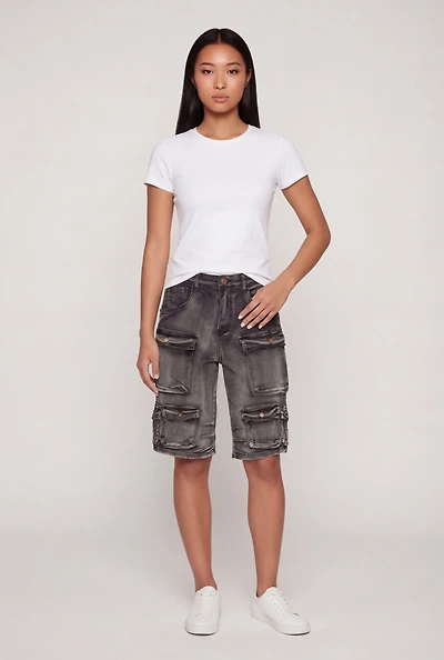 Acid Wash High Waisted Denim Cargo Bermuda Shorts