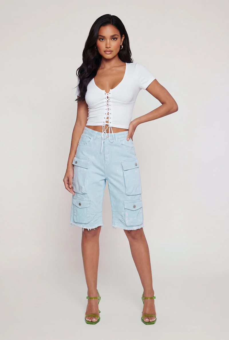 Acid Wash Raw Hem Denim Cargo Shorts