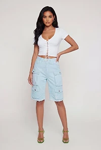 Acid Wash Raw Hem Denim Cargo Shorts