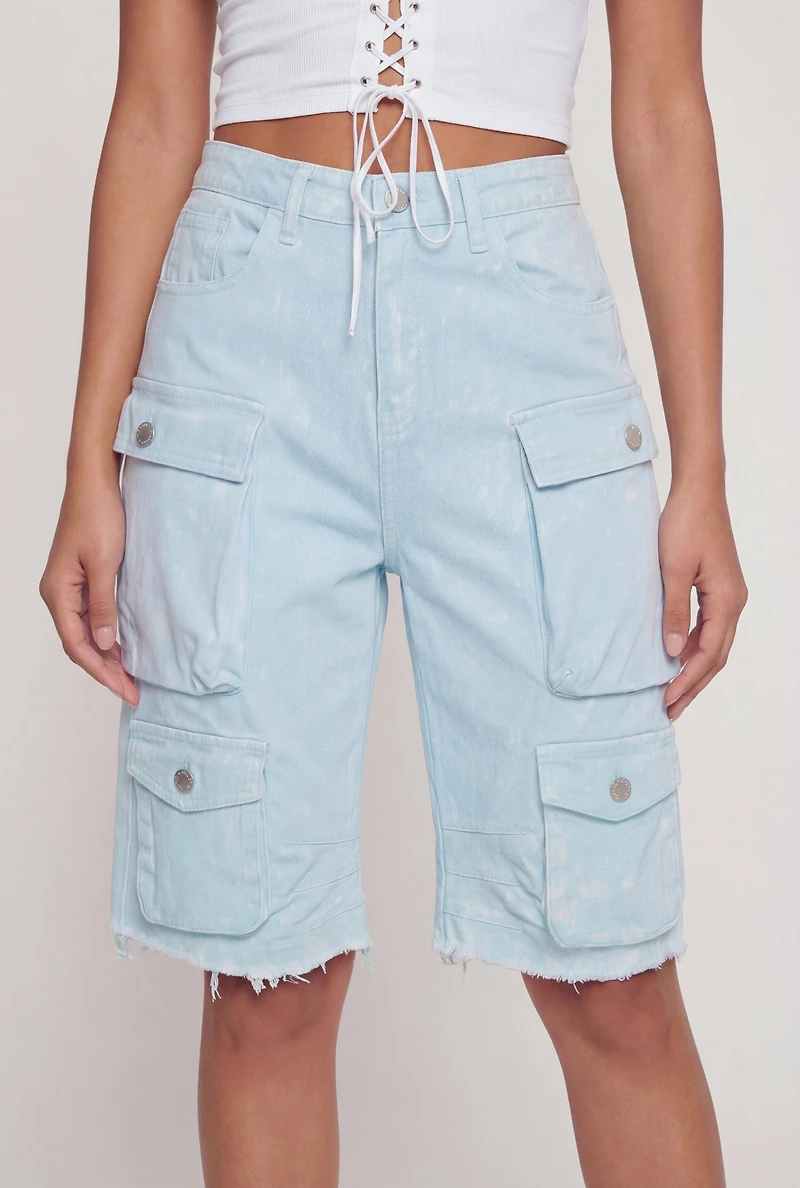 Acid Wash Raw Hem Denim Cargo Shorts