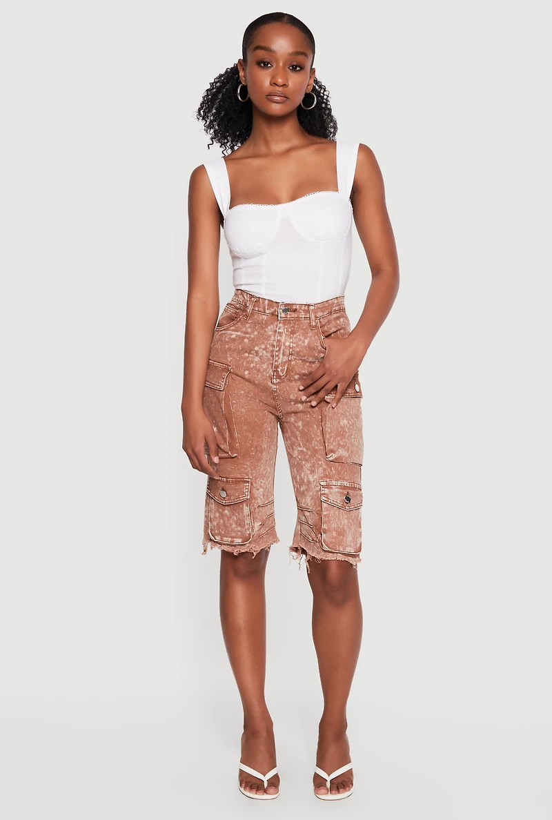 Acid Wash Raw Hem Denim Cargo Shorts
