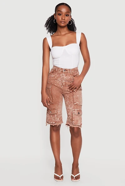 Acid Wash Raw Hem Denim Cargo Shorts