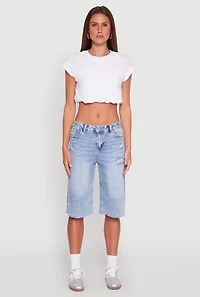 Womens WAX Distressed Raw Hem Jorts, Blue,