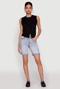 Womens WAX Fixed Cuff Denim Bermuda Shorts, Blue,