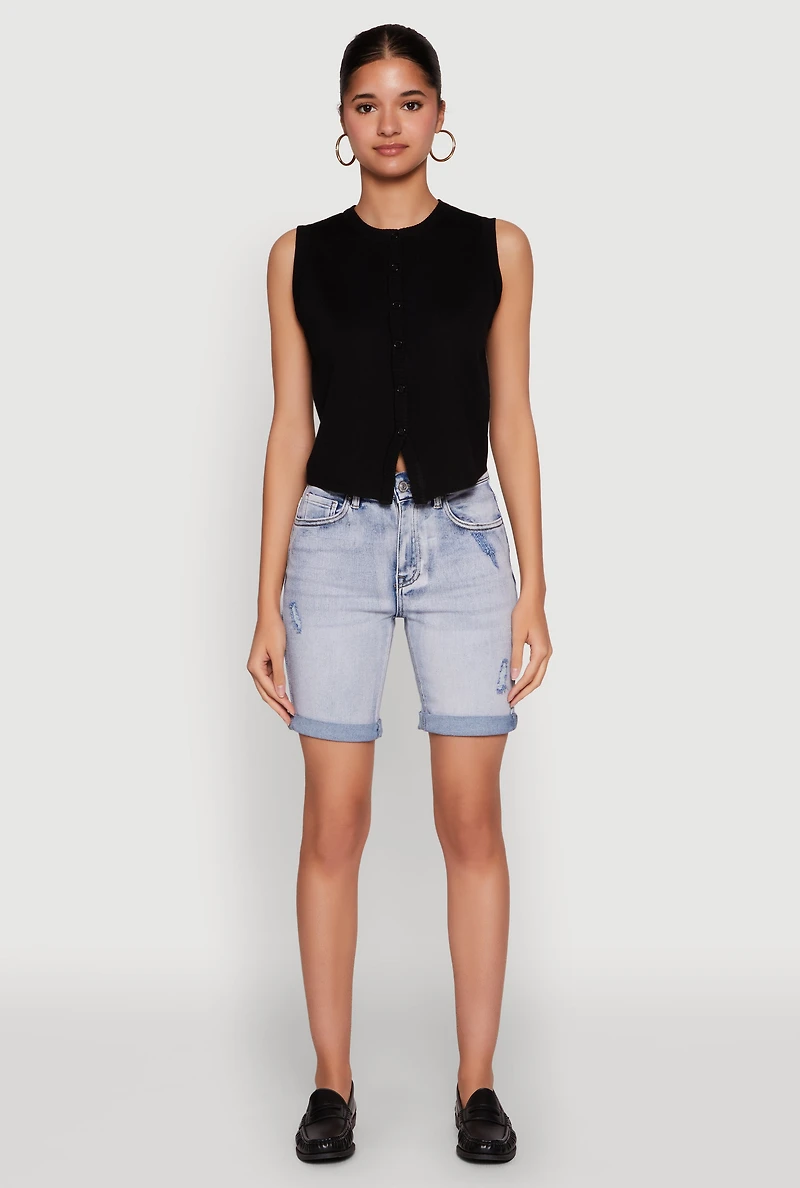 Womens WAX Fixed Cuff Denim Bermuda Shorts, Blue,