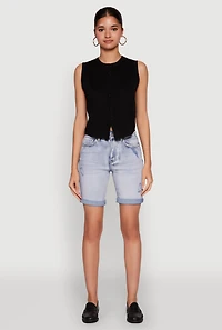 Womens WAX Fixed Cuff Denim Bermuda Shorts, Blue,