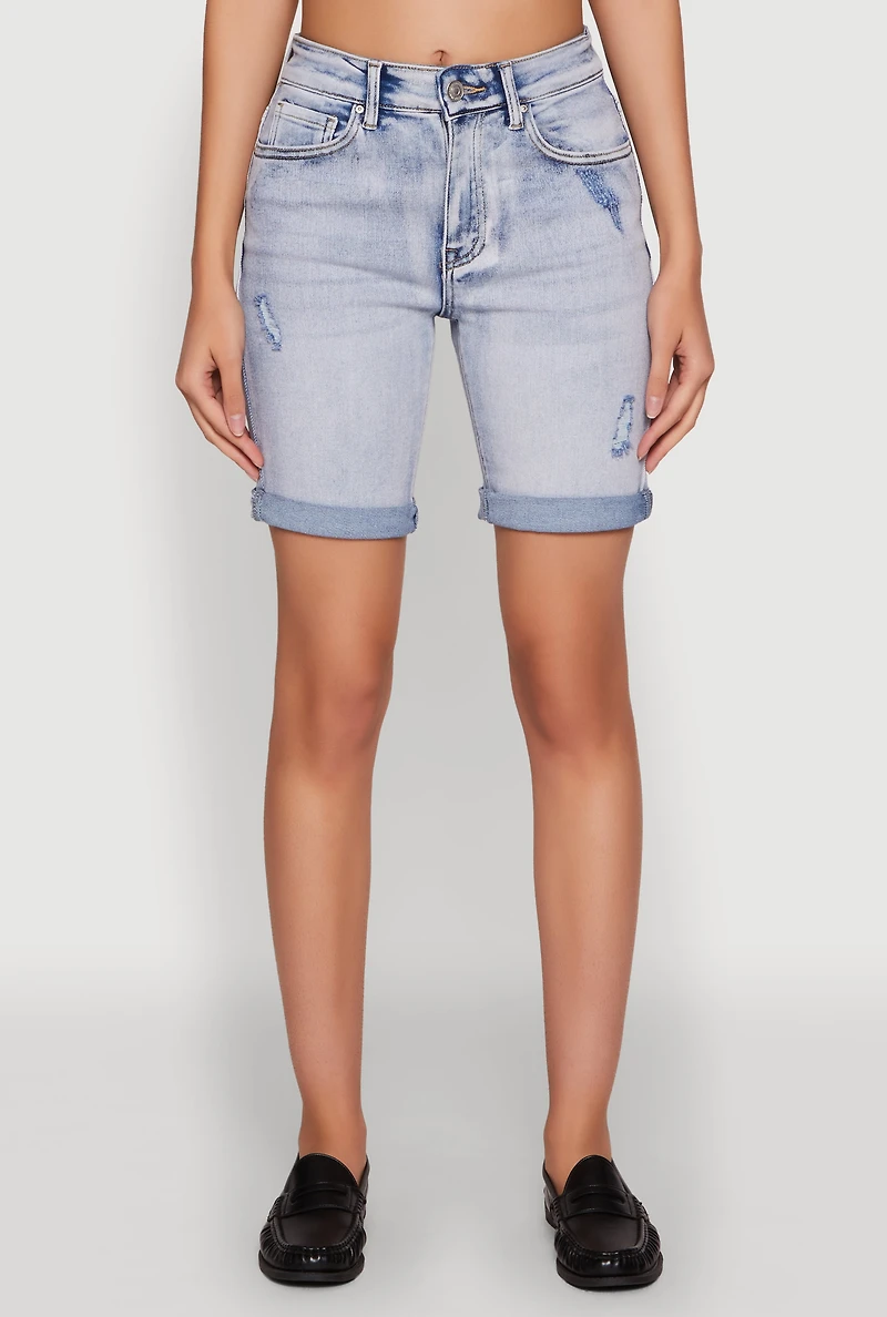 Womens WAX Fixed Cuff Denim Bermuda Shorts, Blue,