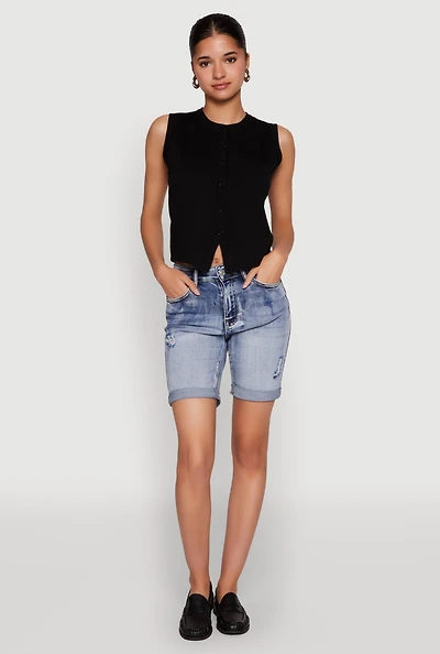 Womens WAX Fixed Cuff Denim Bermuda Shorts, Blue,