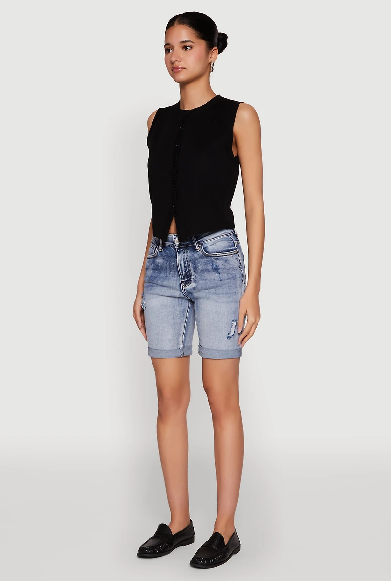 Womens WAX Fixed Cuff Denim Bermuda Shorts, Blue, Size M