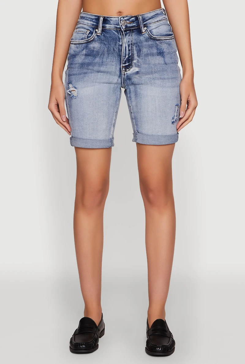 Womens WAX Fixed Cuff Denim Bermuda Shorts, Blue, Size M