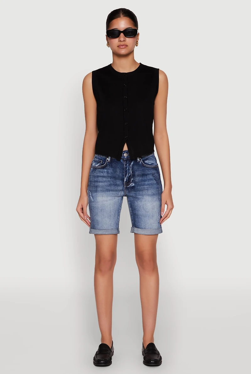 Womens WAX Fixed Cuff Denim Bermuda Shorts, Blue,