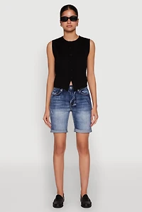 Womens WAX Fixed Cuff Denim Bermuda Shorts, Blue,