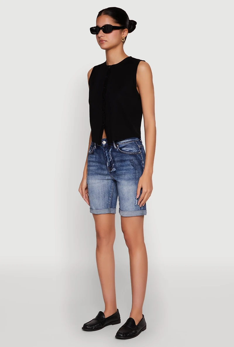 Womens WAX Fixed Cuff Denim Bermuda Shorts, Blue,
