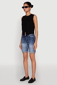 Womens WAX Fixed Cuff Denim Bermuda Shorts, Blue,